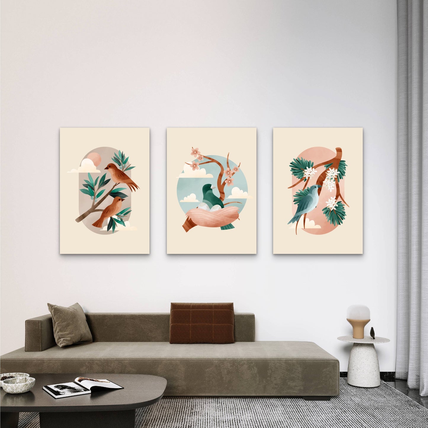 3pcs Birds on Branch Pastel Trio Neutral Metal Print Ready to Hang Art