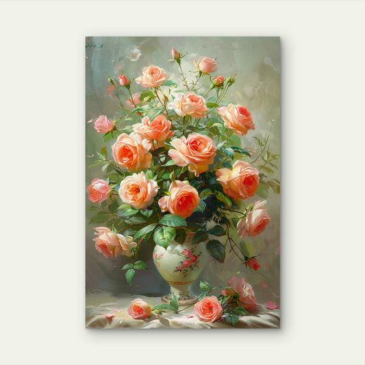 Peach Pink Rose Bouquet Ceramic Flower Vase 40x60cm Metal Print Ready to Hang