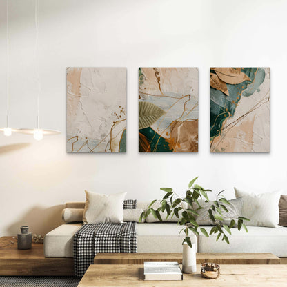 3pcs Modern Green Beige Abstract Leaf Art Wall Art Set Canvas Framed 60x90cm - High Quality Print 100% Australian Made Wall Canvas Ready to Hang
