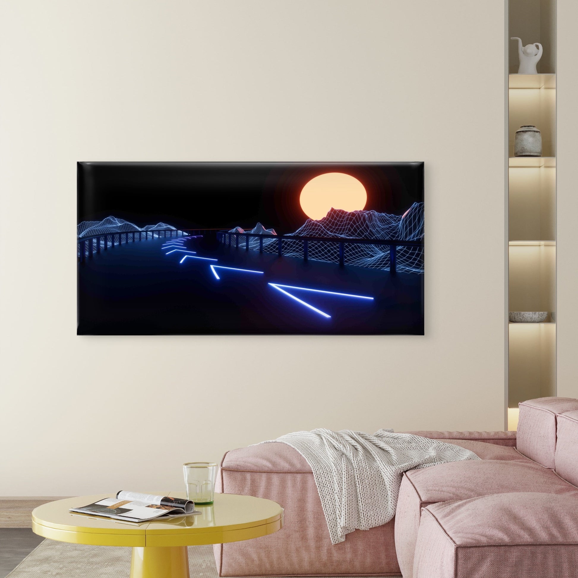 Blue Retro Neon Road Wall Art Canvas Office Home Room Framed 120x60cm - Bella Home Decor