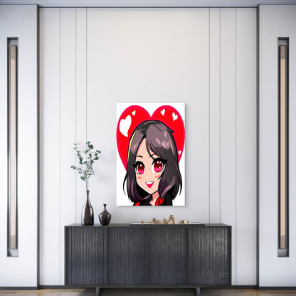 Cute Cartoon Girl With Heart Sticker in Kawaii Chibi Metal Print Ready to Hang