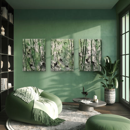 3pcs Abstract Watercolor Green Bamboo Forest   Wall Art Set Canvas Framed 40x60cm - High Quality Print 100% Australian Made Wall Canvas Ready to Hang
