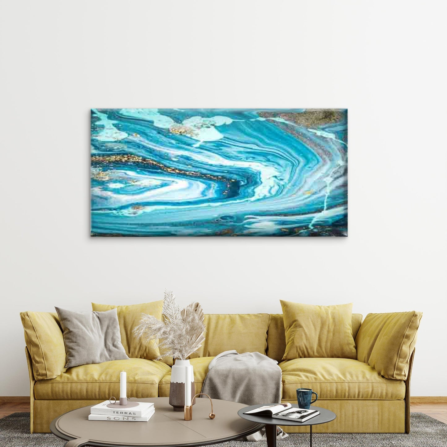 Blue & Golden Marble Wall Art Canvas Office Home Room Framed 120x60cm - Bella Home Decor