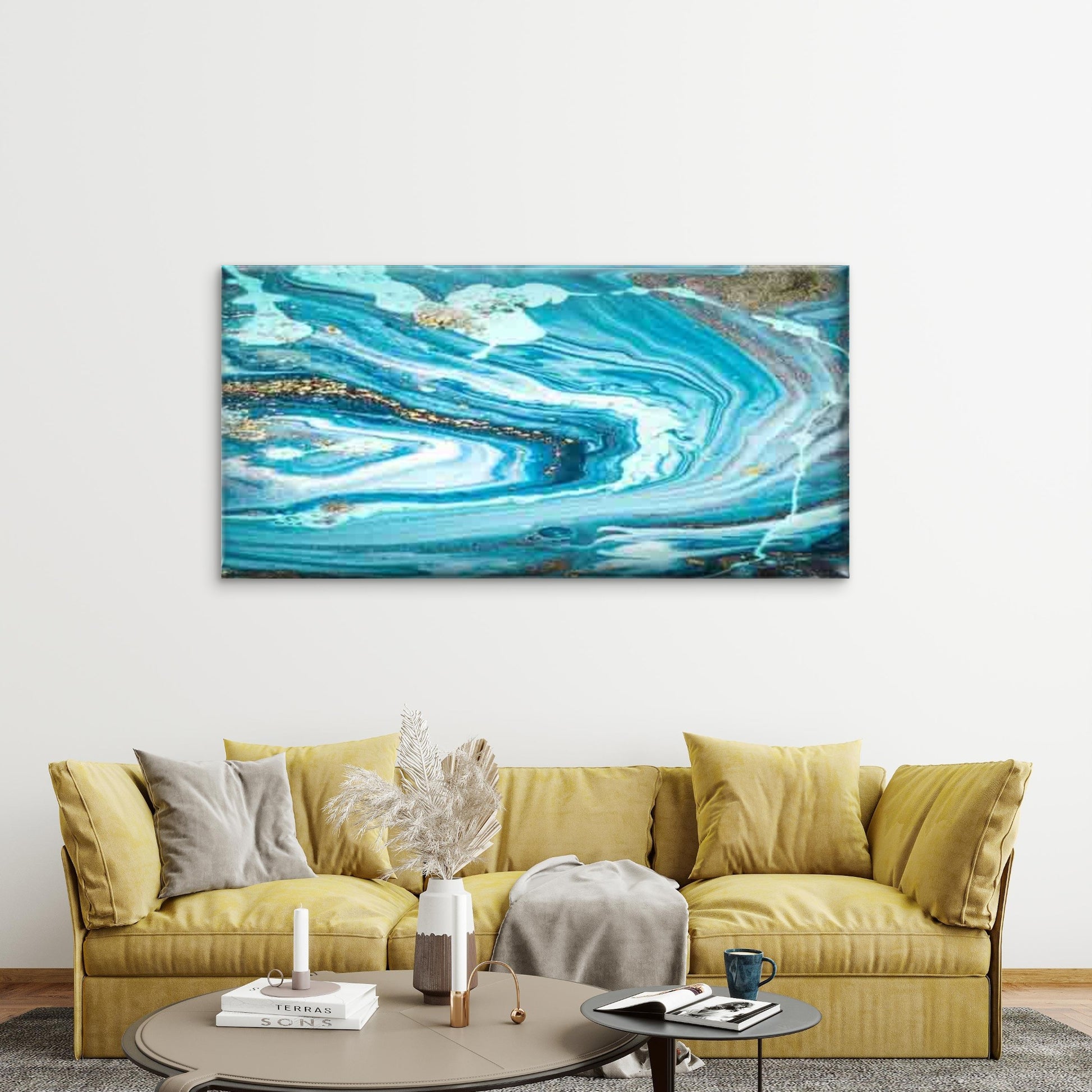 Blue & Golden Marble Wall Art Canvas Office Home Room Framed 120x60cm - Bella Home Decor