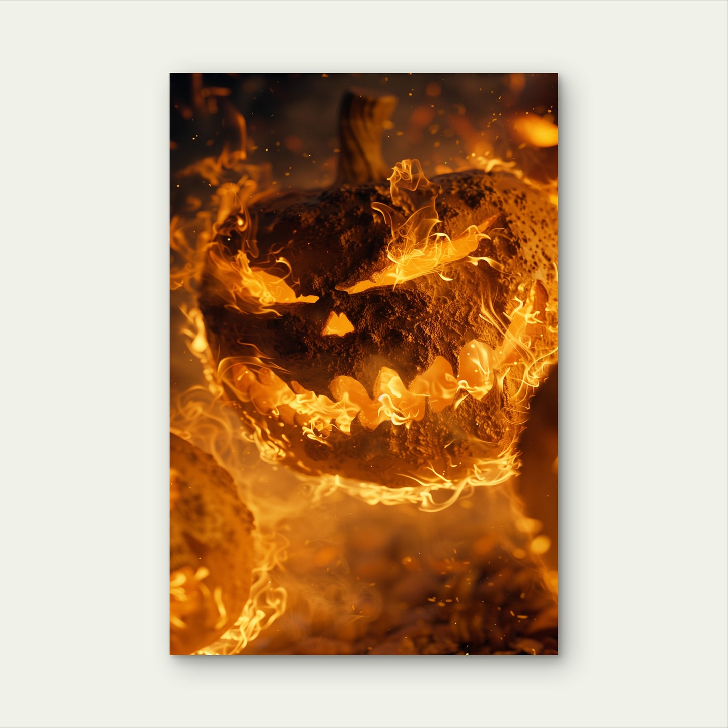 Halloween Pumpkin Lit by Fire 40x60cm Metal Print Ready to Hang
