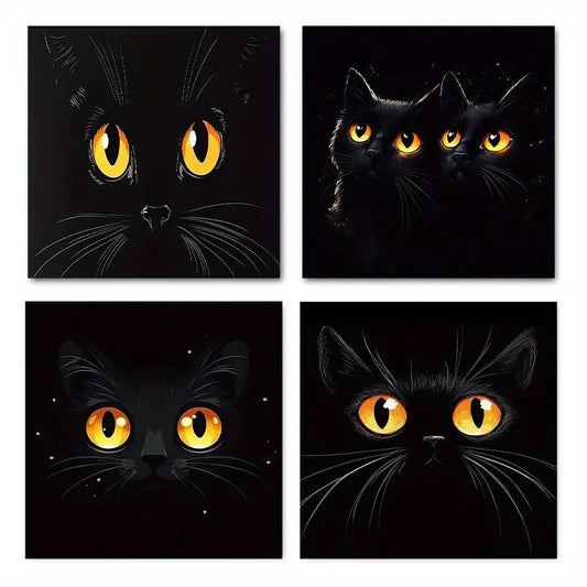 4pcs Black Cat Face for Living BD  Wall Art Canvas Framed
