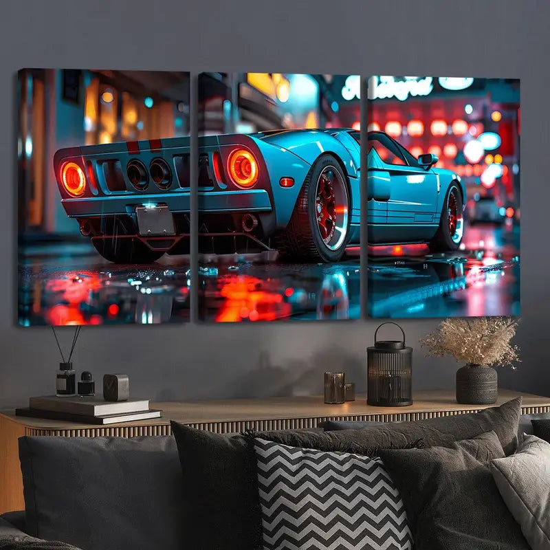 3pcs Bright Blue Sports Car Night View Metal Print Ready to Hang Art - Bella Home Decor