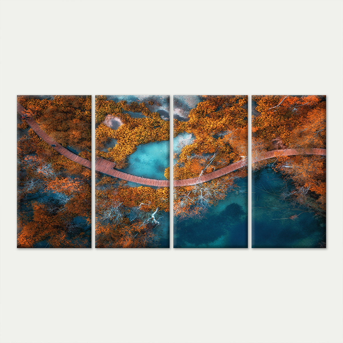 4pcs Aerial Autumn Forest Lake Bridge Pathway Wall Art Canvas Framed 45x80cm - High Quality Print 100% Australian Made Wall Canvas Ready to Hang
