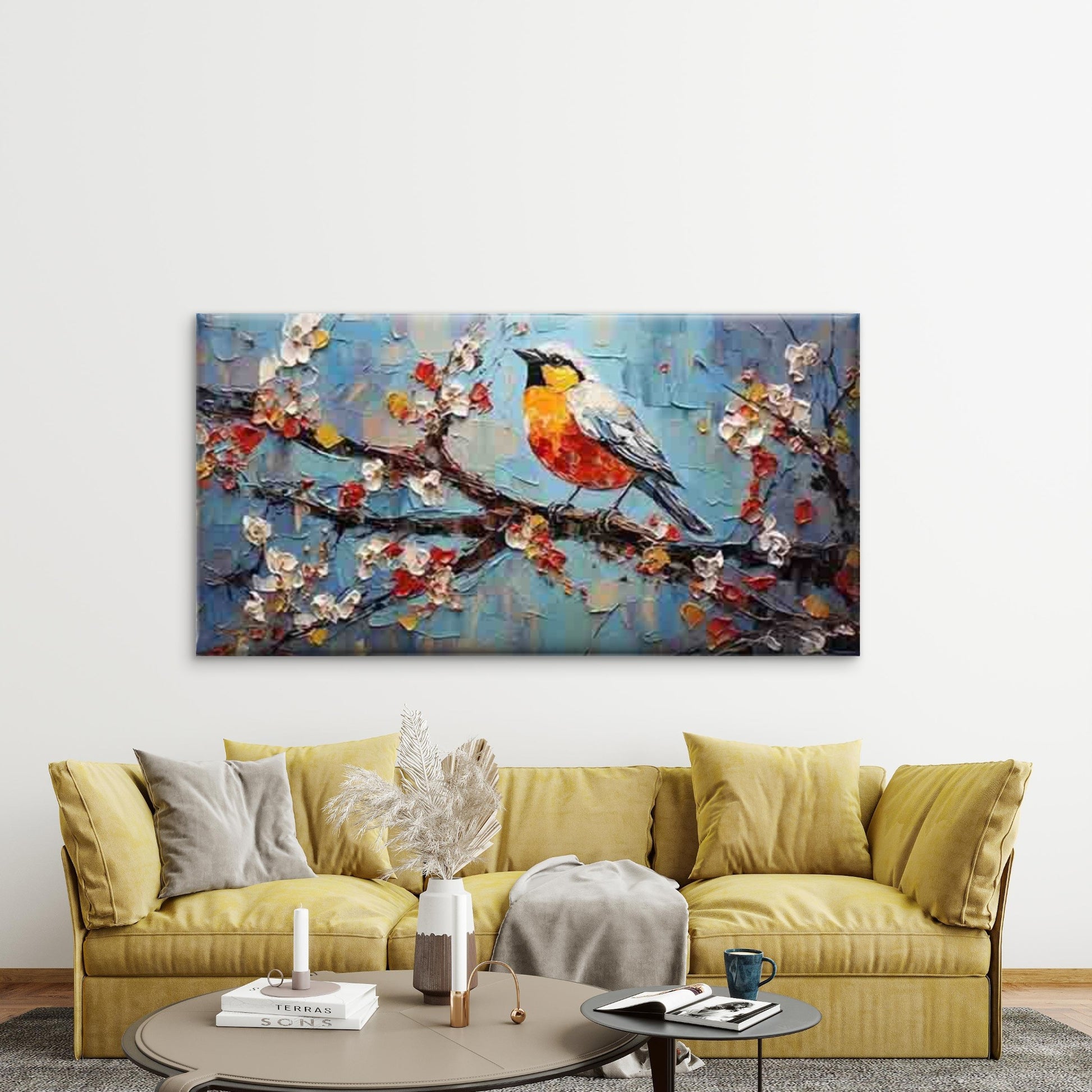 Bird In Branch Oil Painting Wall Art Canvas Office Home Room Framed 120x60cm - Bella Home Decor