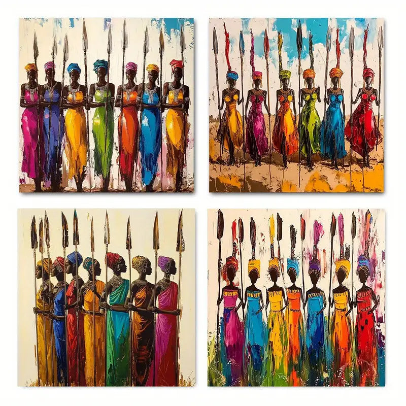 4pcs Traditional Attire & Spear Motifs, Cultural Wall Art Canvas Framed