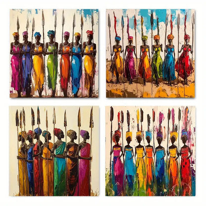 4pcs Traditional Attire & Spear Motifs, Cultural Wall Art Canvas Framed