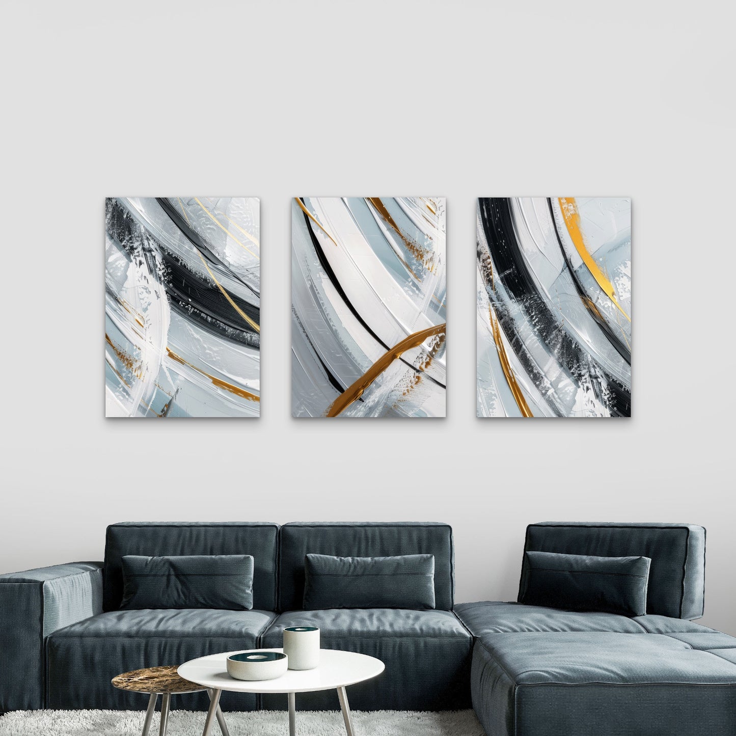 3pcs Black Gold Swirl Abstract Luxury Modern Wall Art Set Canvas Framed 60x90cm - High Quality Print 100% Australian Made Wall Canvas Ready to Hang