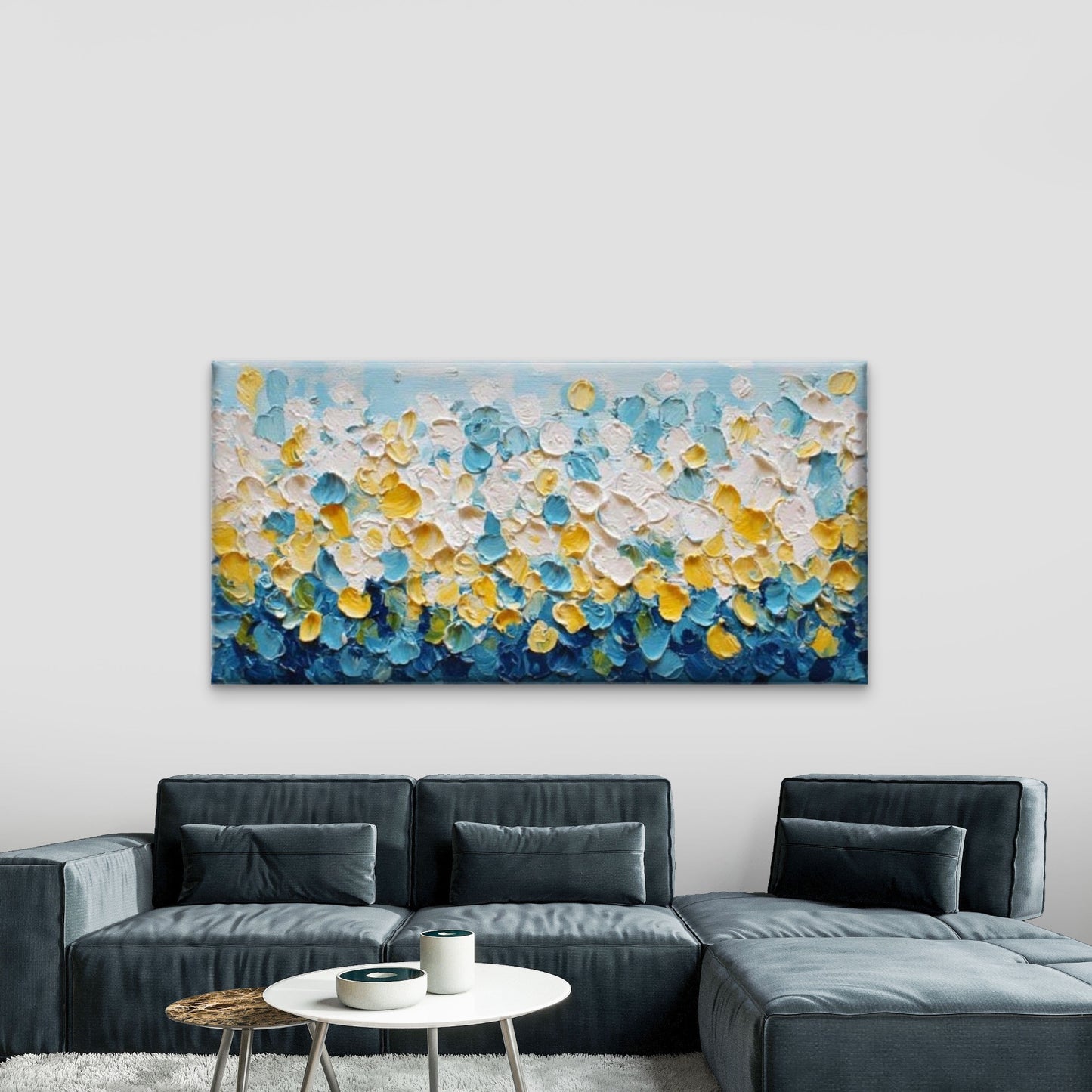 Blue Yellow Palette Knife Art Wall Art Canvas Office Home Room Framed 120x60cm - Bella Home Decor