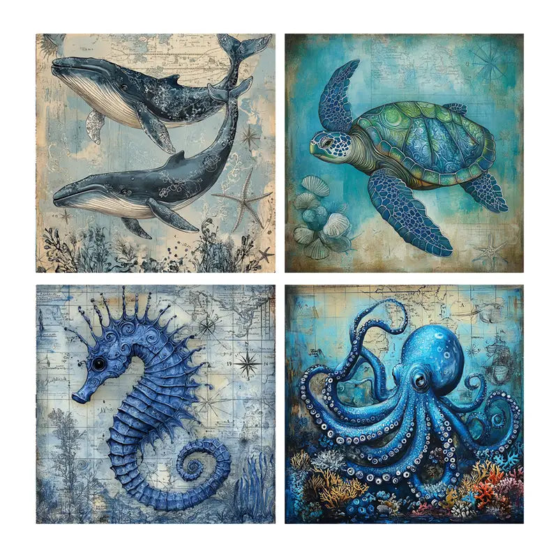 4pcs Sea Animals  Wall Art Canvas Framed