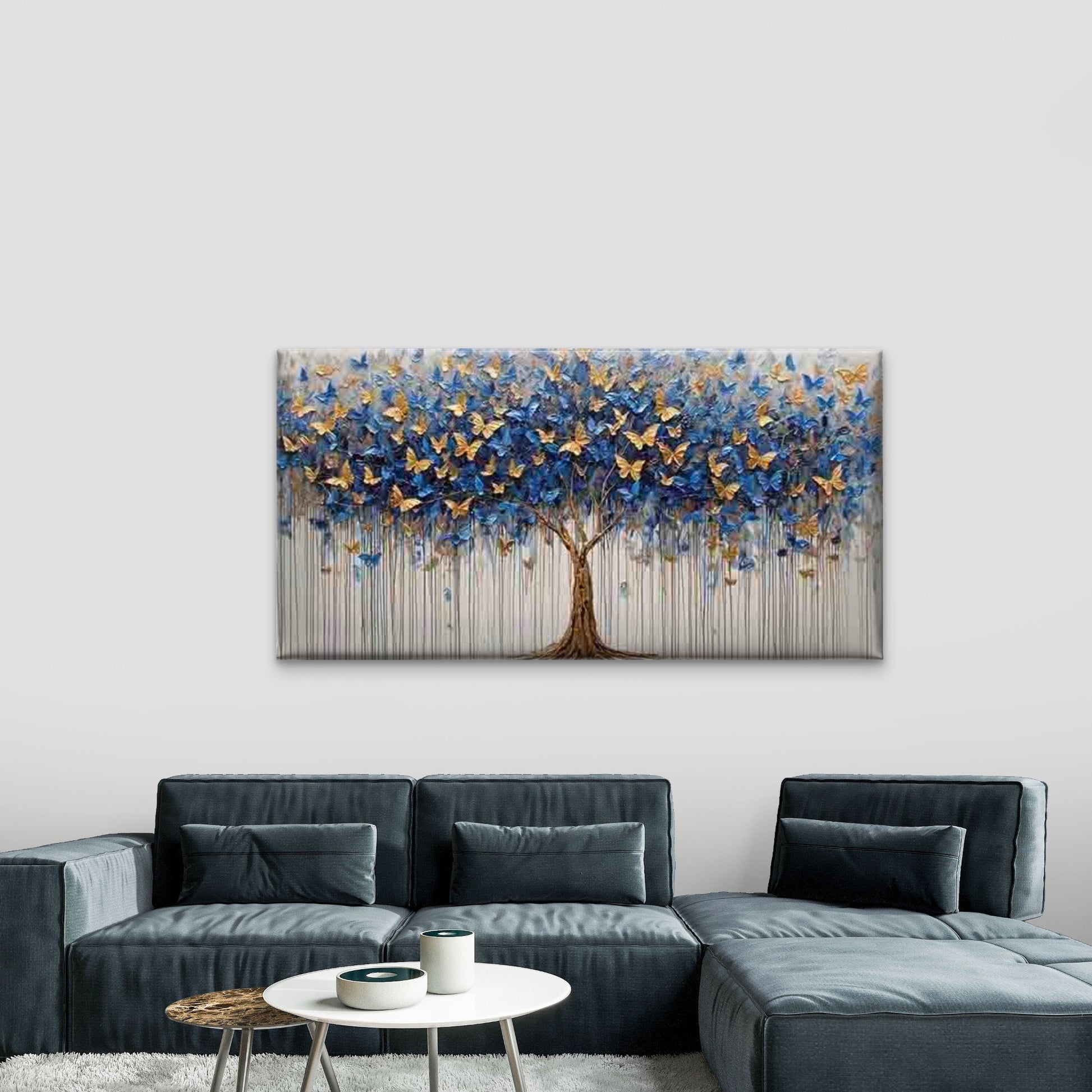 Blue and Golden Butterfly Tree Wall Art Canvas Office Home Room Framed 120x60cm - Bella Home Decor