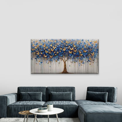 Blue and Golden Butterfly Tree Wall Art Canvas Office Home Room Framed 120x60cm - Bella Home Decor
