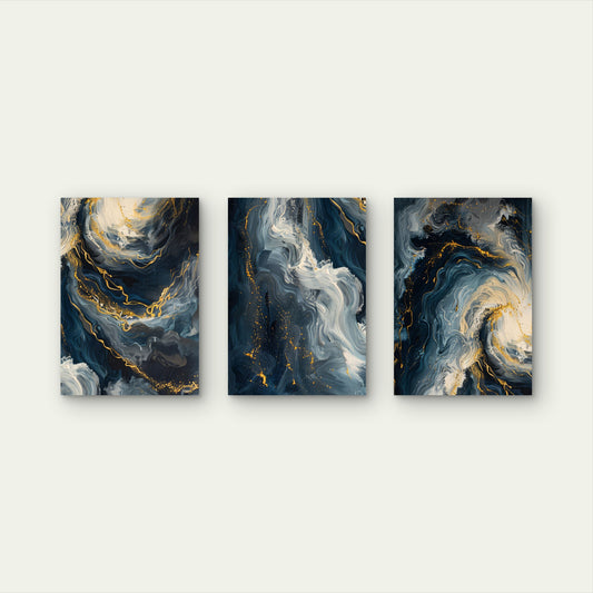 3pcs Modern Abstract Blue Gold Fluid Ocean Wall Art Set Canvas Framed 50x70cm - High Quality Print 100% Australian Made Wall Canvas Ready to Hang