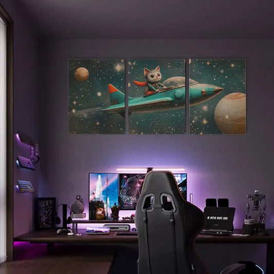 3pcs Whimsical Anthropomorphic Cat in Spaceship Metal Print Ready to Hang Art