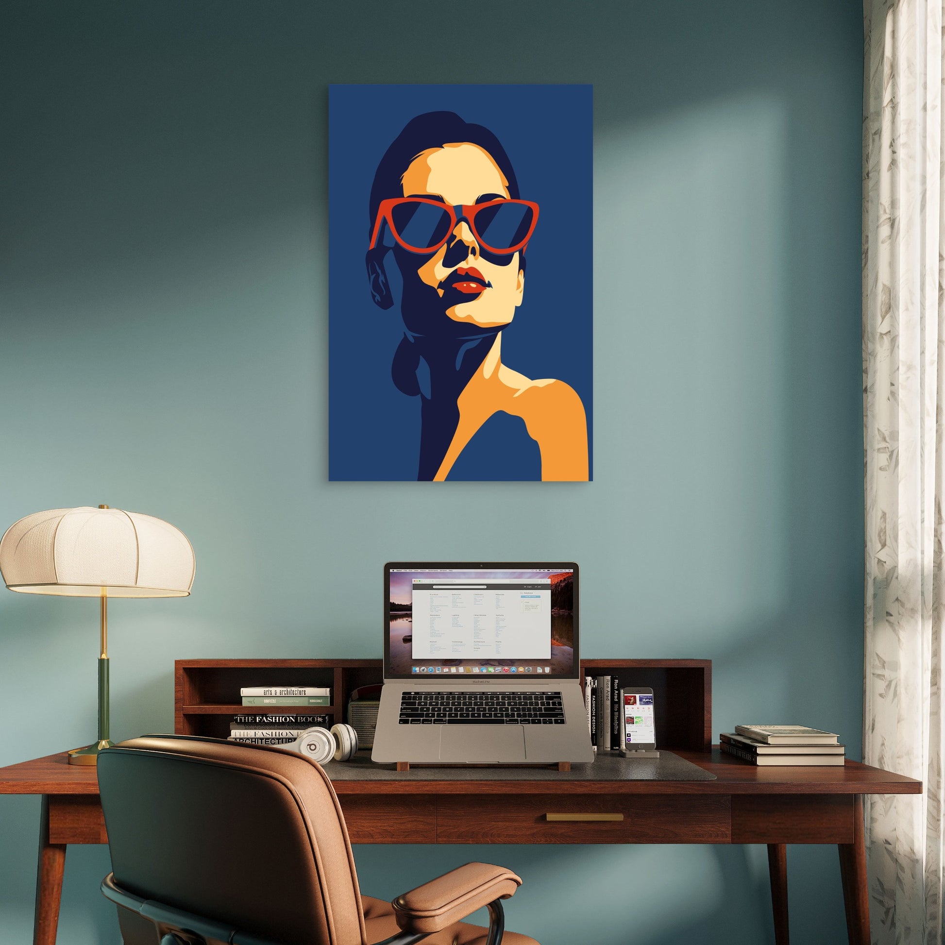 Retro Pop Art Woman Red Sunglasses Navy 40x60cm Metal Print Ready to Hang