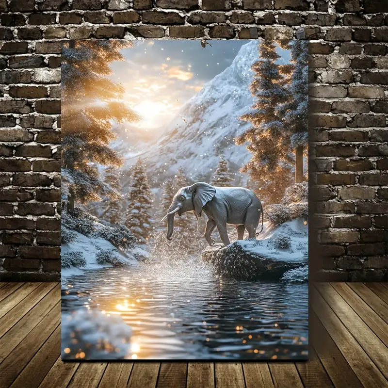 Steampunk Elephant in Snowy Mountain Stream 40x60cm Metal Print Ready to Hang - Bella Home Decor