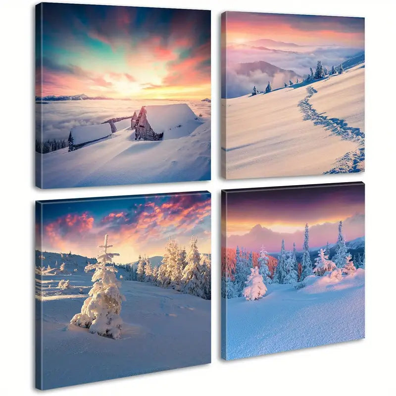 4pcs Snowy Landscape & Forest Scene With Sunset Wall Art Canvas Framed - Bella Home Decor
