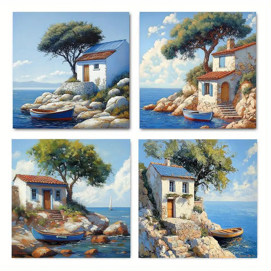 4pcs Beach, Boat, And Cabin Scenes Wall Art Canvas Framed