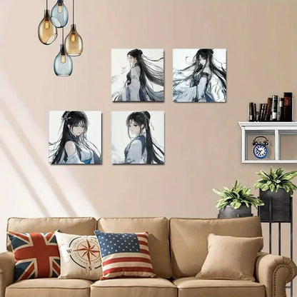 4pcs  Anime-Inspired Black Hair, Blue  Wall Art Canvas Framed