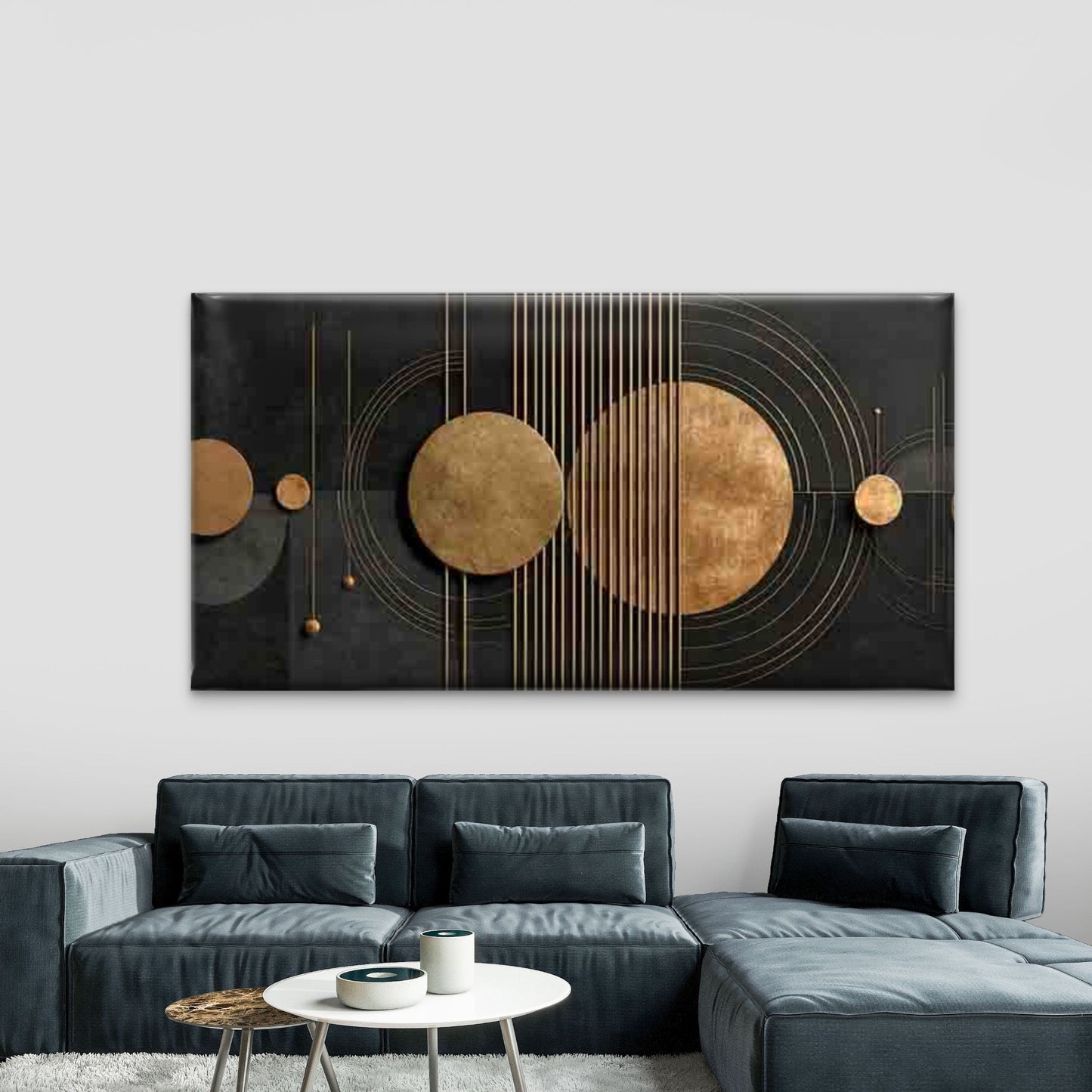 Minimalist Golden Circles Wall Art Canvas Office Home Room Framed 120x60cm - Bella Home Decor