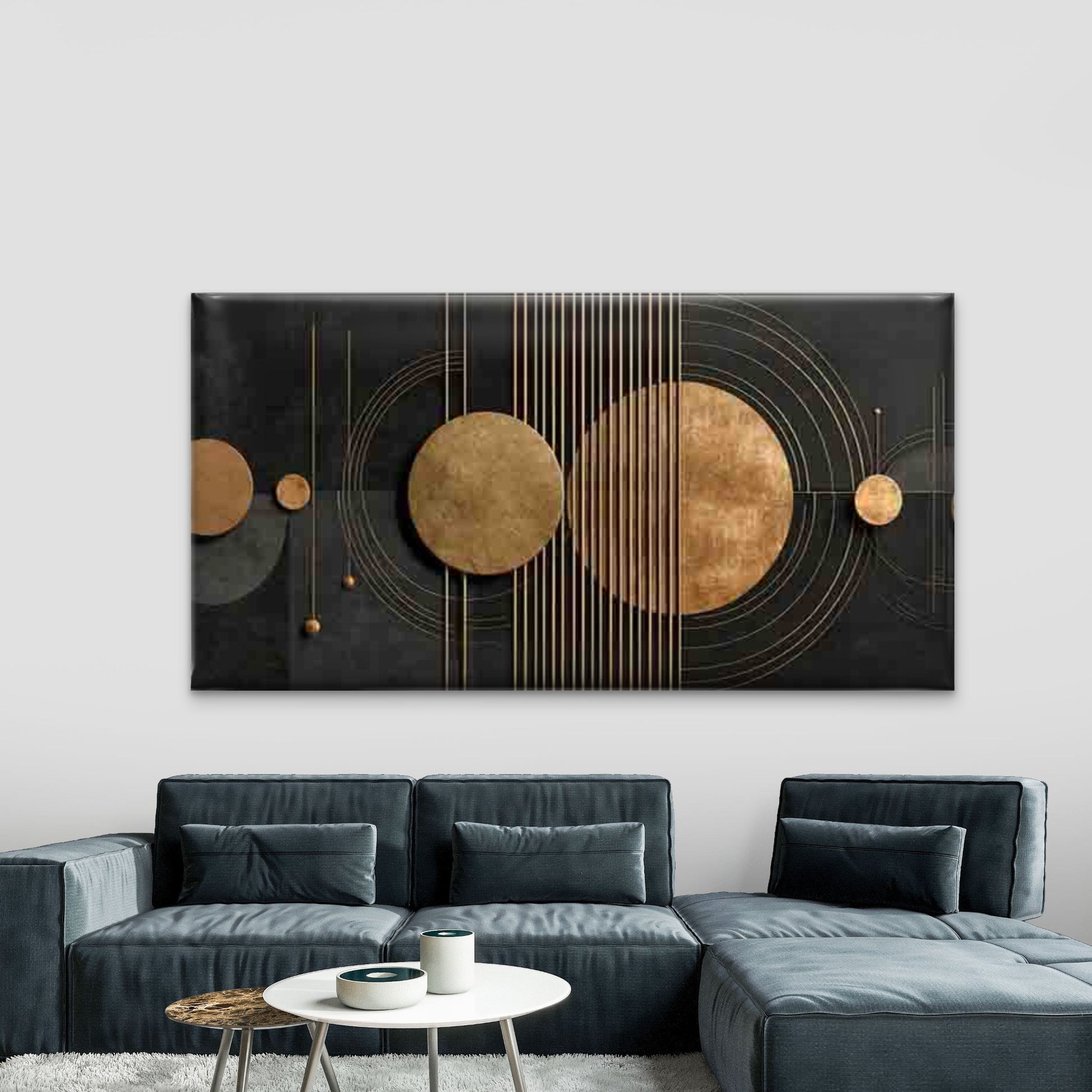 Minimalist Golden Circles Wall Art Canvas Office Home Room Framed 120x60cm - Bella Home Decor