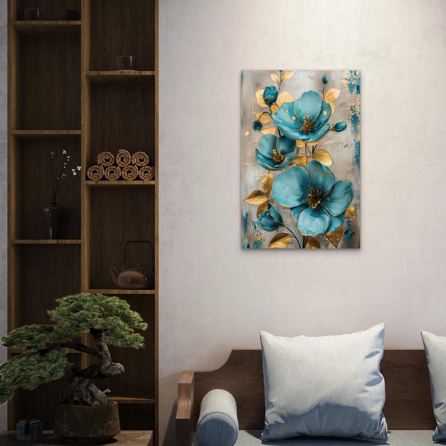 Teal Turquoise Gold Blossom Floral 40x60cm Metal Print Ready to Hang