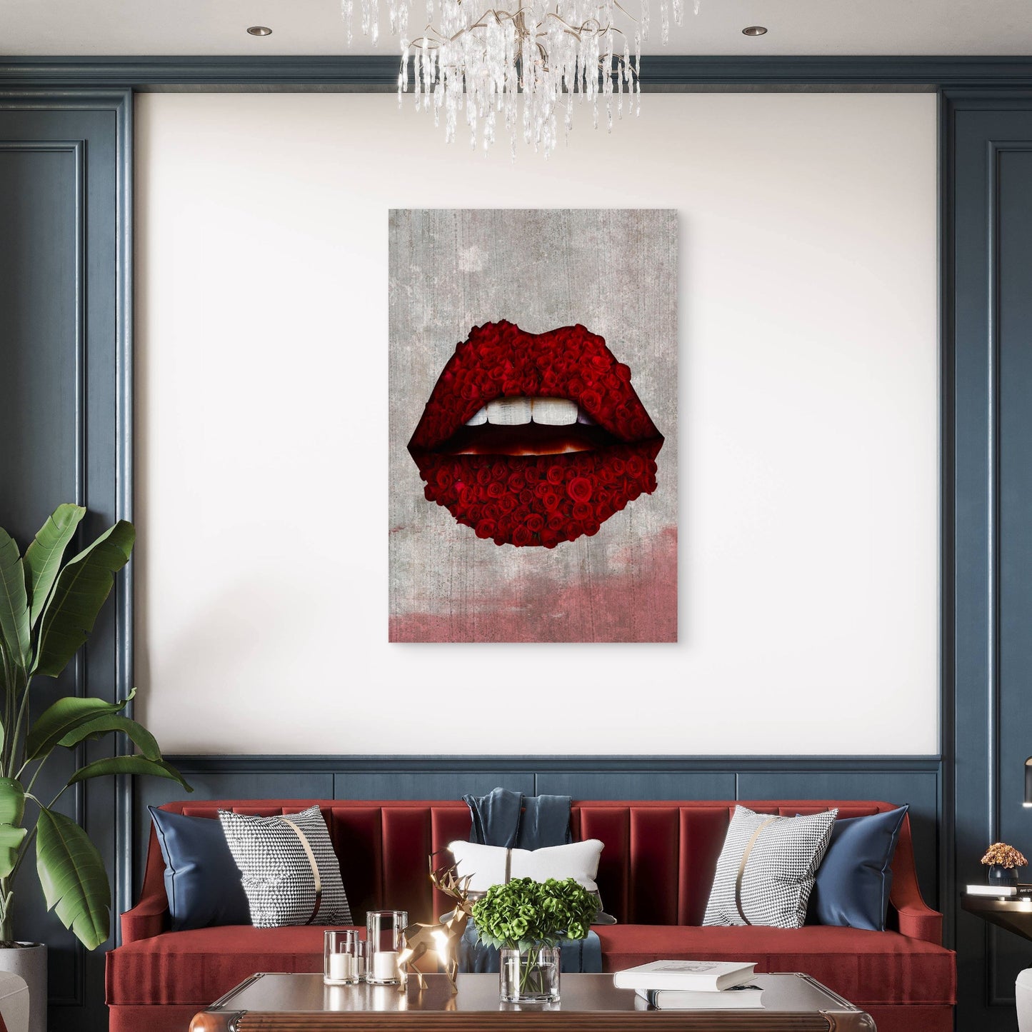 Lips Filled with Numerous Red Roses 40x60cm Metal Print Ready to Hang