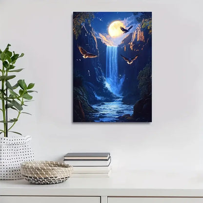 Vibrant Hawk & Waterfall Scene with Moonlight 40x60cm Metal Print Ready to Hang - Bella Home Decor