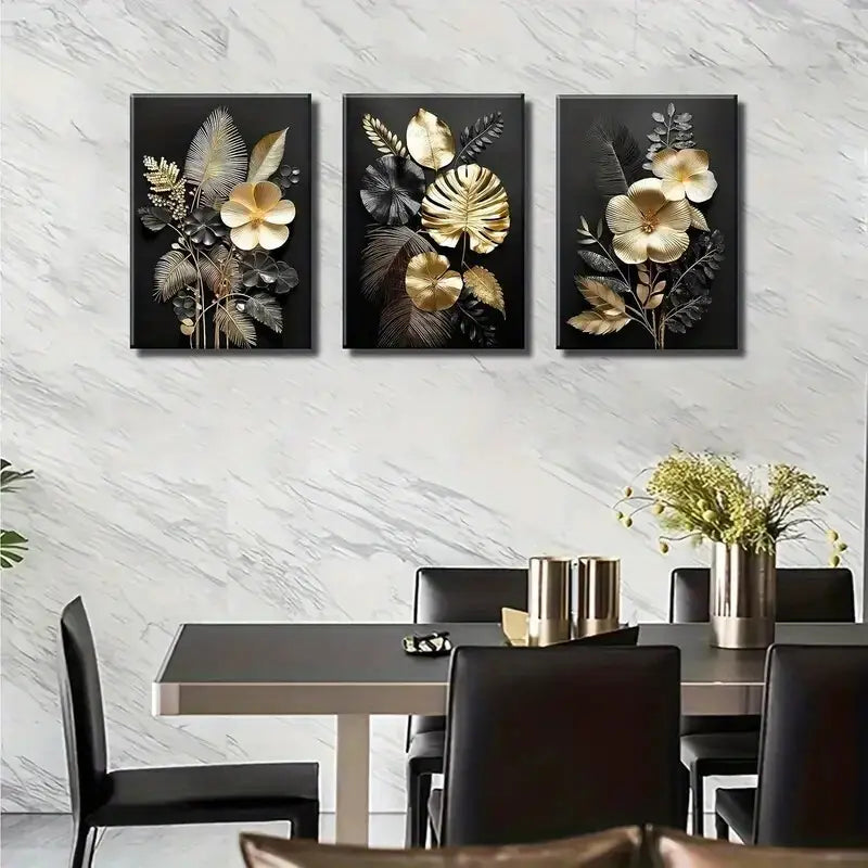 3pcs Black Golden Plant Flowers  Metal Print Ready to Hang Art - Bella Home Decor