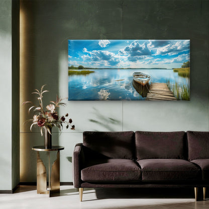 Quiet Lake Boat Dock Wall Art Canvas Office Home Room Framed 120x60cm