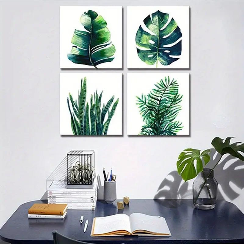 4pcs Tropical Plant Wall Art - Green Monstera Wall Art Canvas Framed