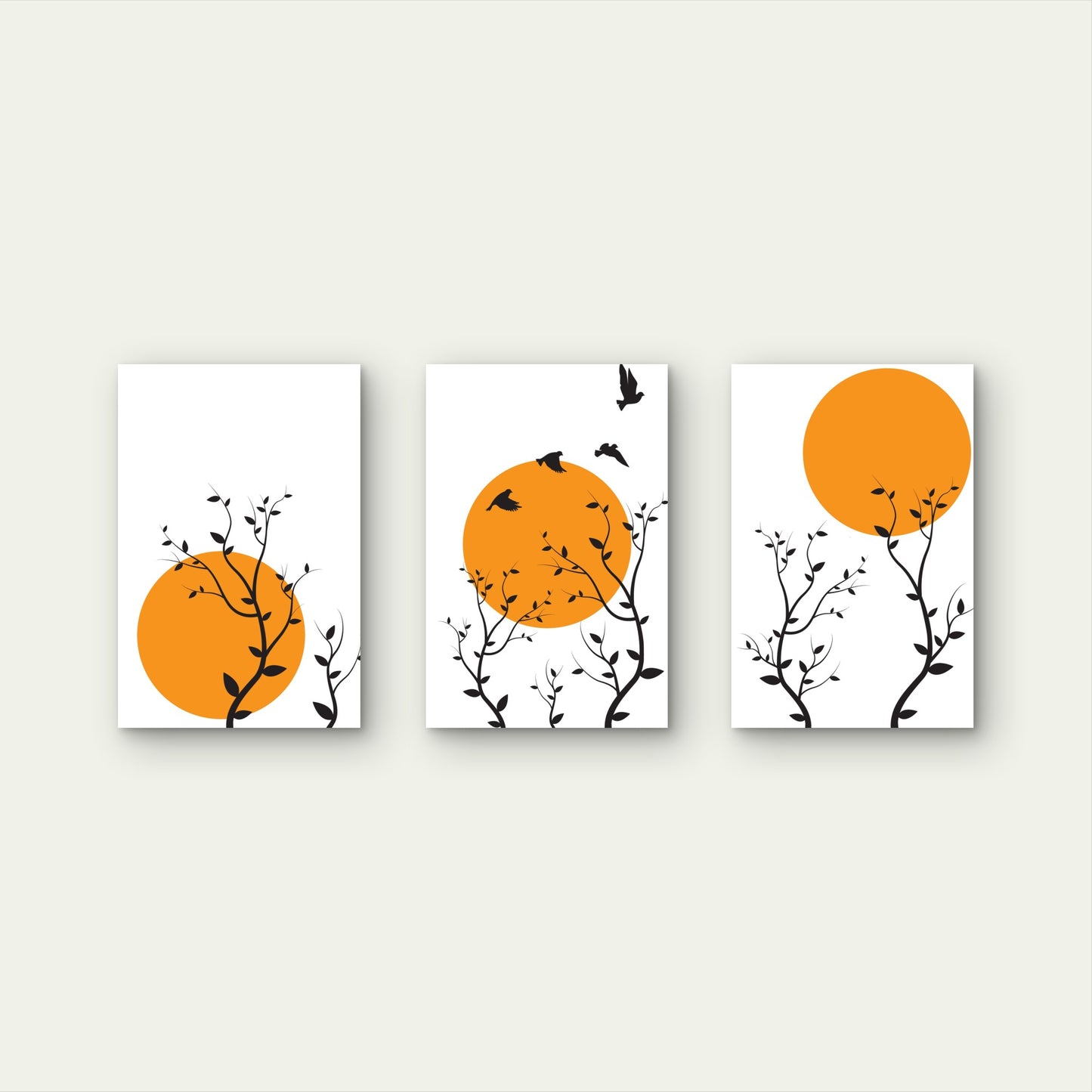 3pcs Minimalist Orange Sun Tree Branches Birds Wall Art Set Canvas Framed 40x60cm - High Quality Print 100% Australian Made Wall Canvas Ready to Hang