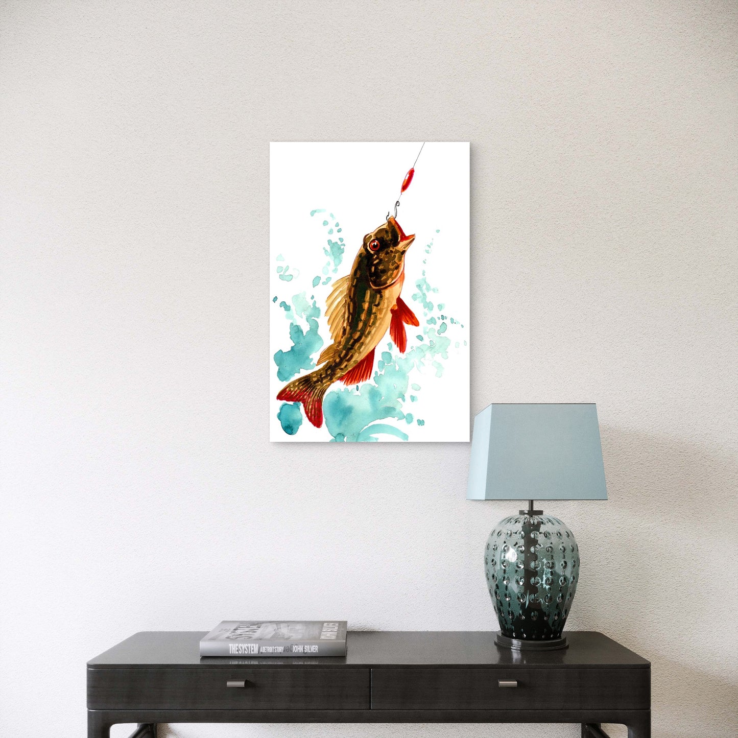 Fish Biting a Fishing Hook 60x90cm Metal Print Ready to Hang