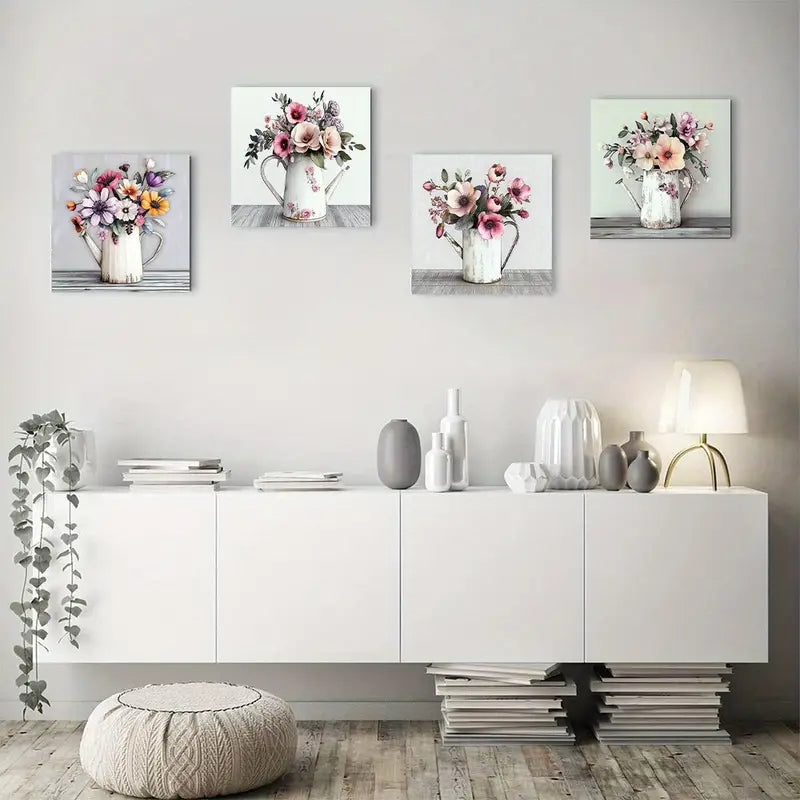 4pcs Pink Wildflowers, Daisies & Multicolor Blooms Wall Art Canvas Framed