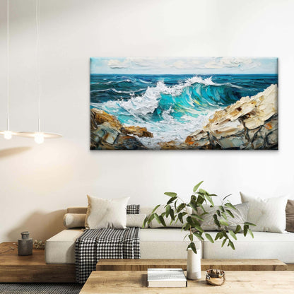 Ocean Waves & Rocky Coast Wall Art Canvas Office Home Room Framed 120x60cm