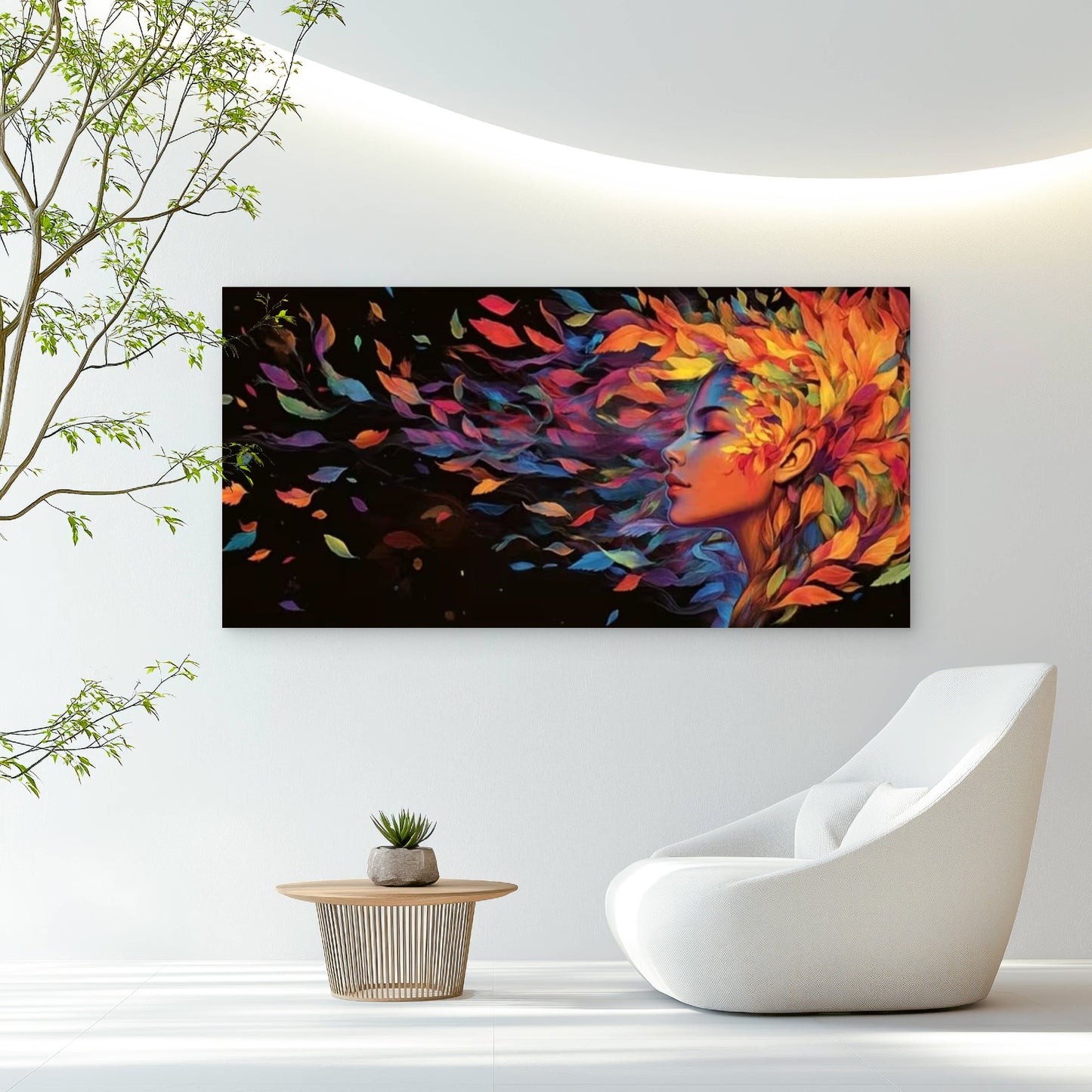 Colorful Leaf Design & Woman Wall Art Canvas Office Home Room Framed 120x60cm