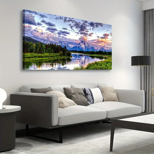 Grand Teton National Park Oxbow Bend Mountain River Forest Scenery Wall Art canvas office home room framed 120x60cm - Bella Home Decor