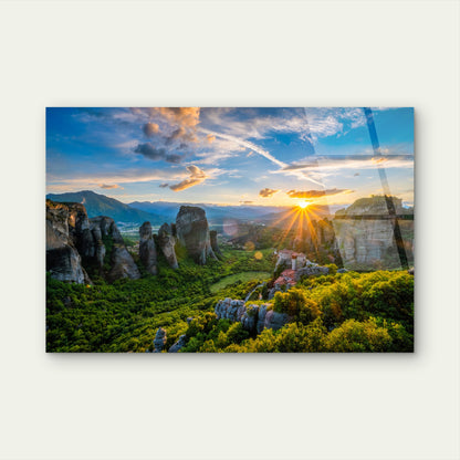 Meteora Greece Mountain Sunset Outlook Acrylic Glass Printing Wall Art Australian Made Quality