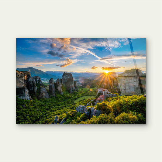 Meteora Greece Mountain Sunset Outlook Acrylic Glass Printing Wall Art Australian Made Quality