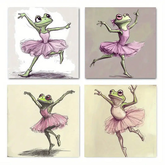 4pcs Whimsical Ballet Frog In Pink Tutu Wall Art Canvas Framed