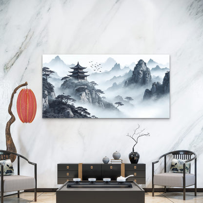 Pagoda Above Misty Peaks Wall Art Canvas Office Home Room Framed 120x60cm - Bella Home Decor