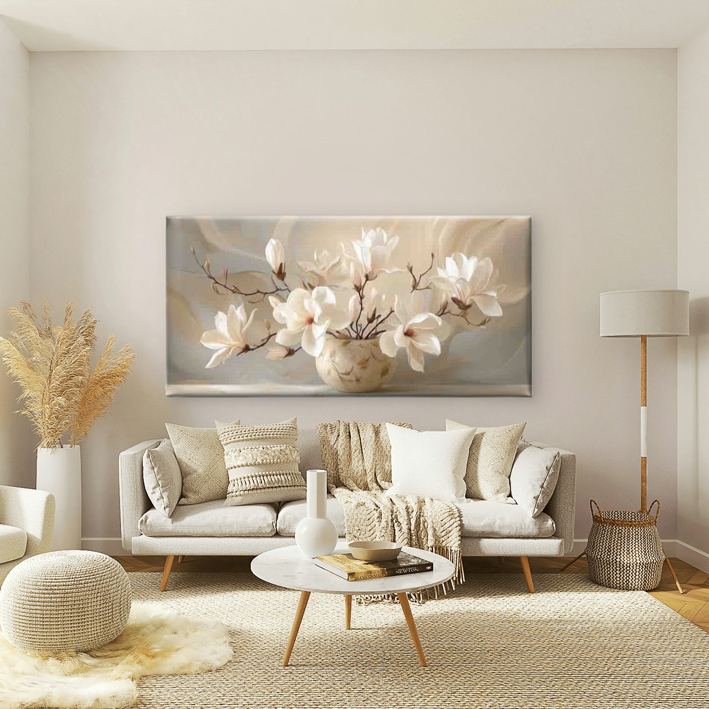 Soft Blossoms Neutral Tones Wall Art Canvas Office Home Room Framed 120x60cm - Bella Home Decor