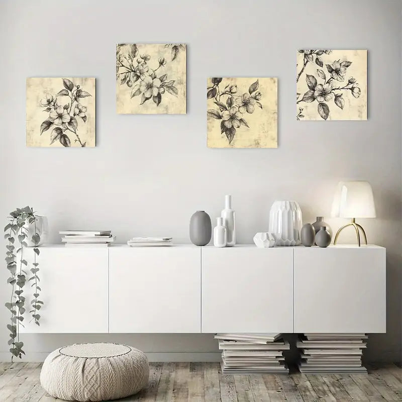 4pcs Floral Lea Themed Elegant Wall Art Canvas Framed