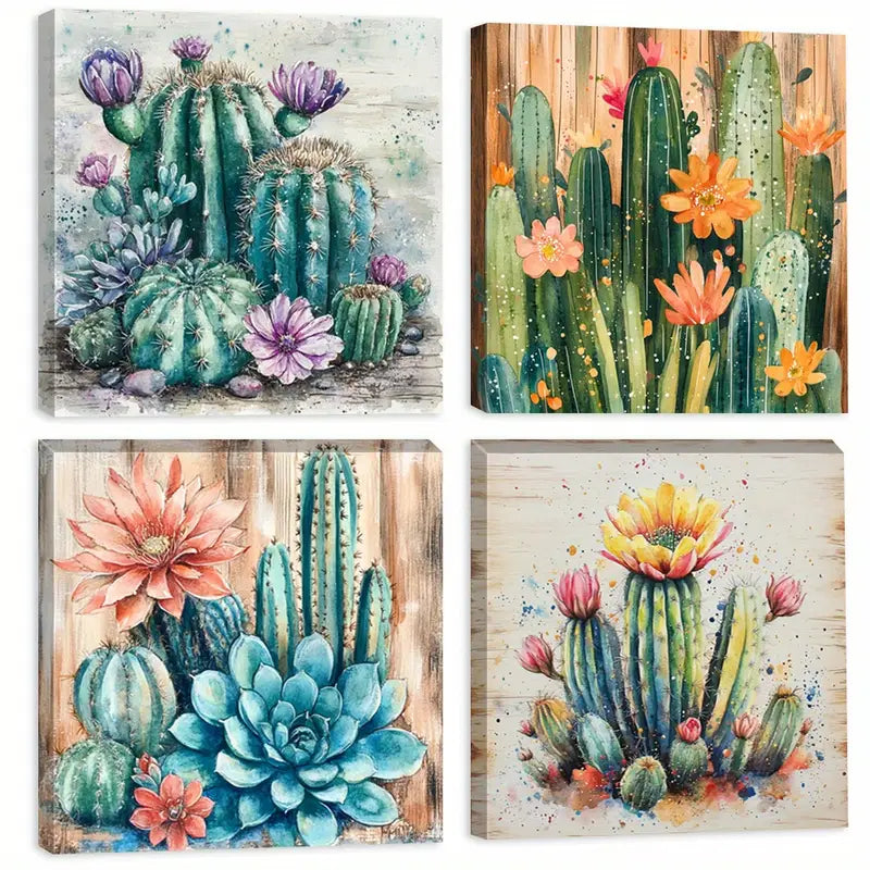 4pcs Floral Decor Art Prints, Cactus Wall Art Canvas Framed