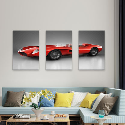 3pcs Classic Red Retro Roadster Racing Car Metal Print Ready to Hang Art