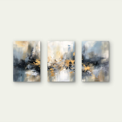 3pcs Grey Blue Gold Abstract Foil Painting Block  Wall Art Set Canvas Framed 40x60cm - High Quality Print 100% Australian Made Wall Canvas Ready to Hang